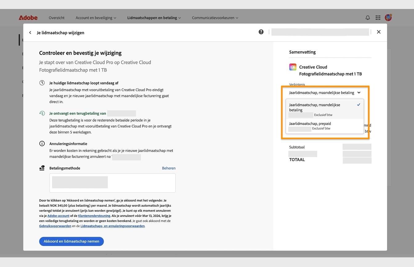 Het venster ‘Je wijziging bekijken en bevestigen’, met het gemarkeerde vervolgkeuzemenu ‘Verplichting’ onder ‘Samenvatting’.