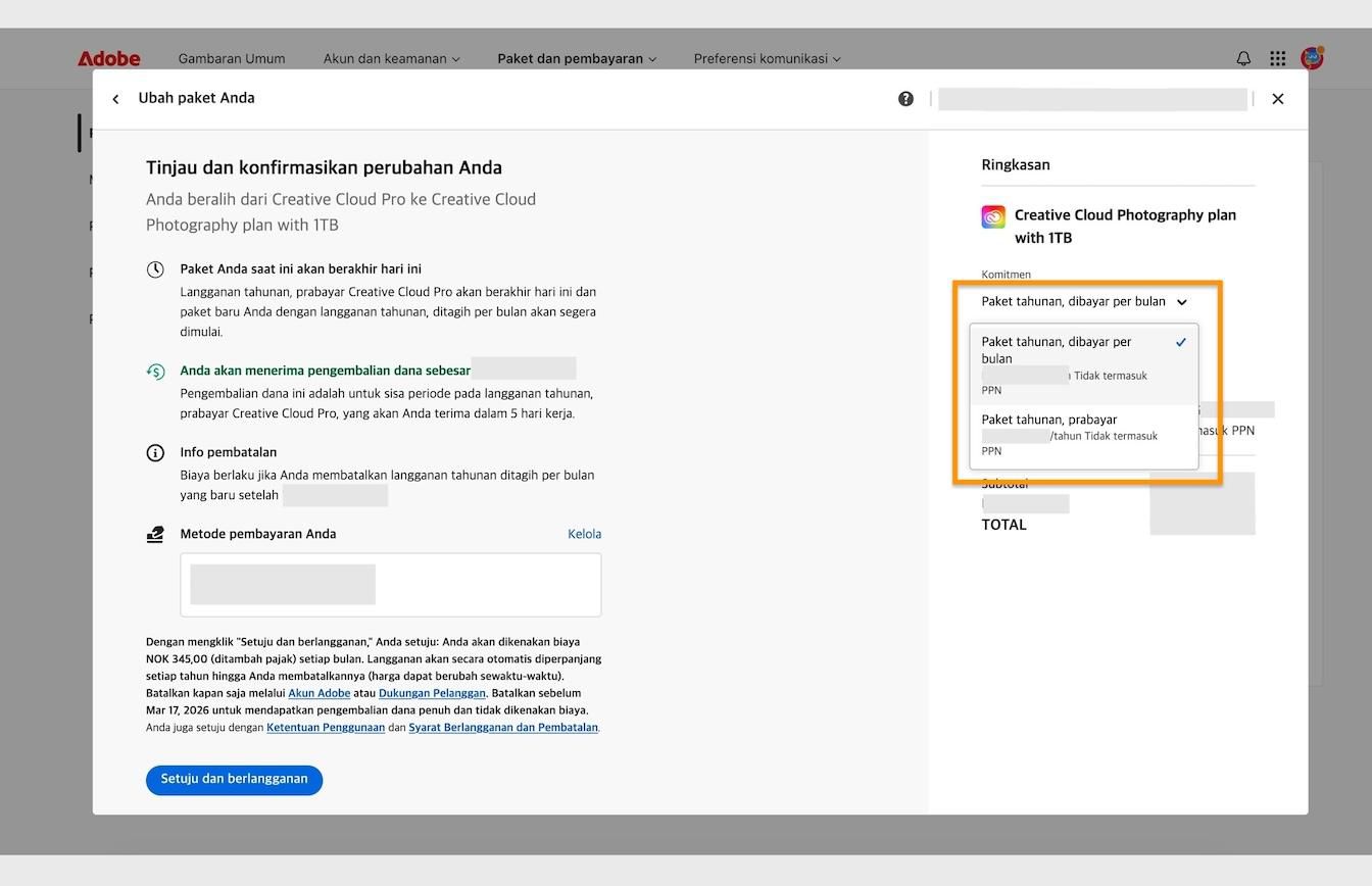 Jendela Tinjau dan konfirmasi perubahan Anda, menampilkan menu tarik-turun Komitmen yang disorot, terletak di bawah Ringkasan.
