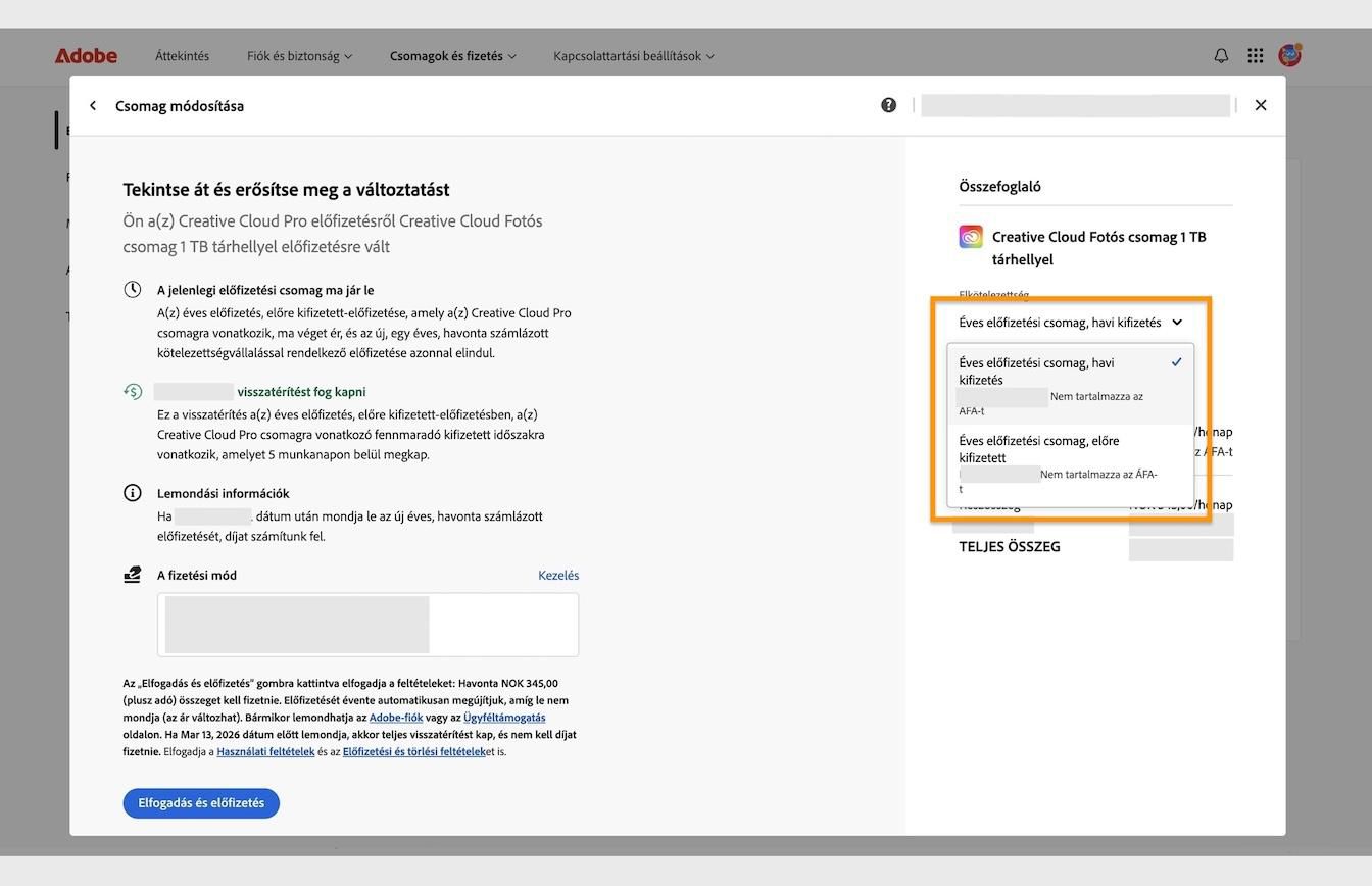 A Változtatás áttekintése és megerősítése ablak, amely a kiemelt Kötelezettségvállalás legördülő menüt jeleníti meg az Összefoglaló alatt.