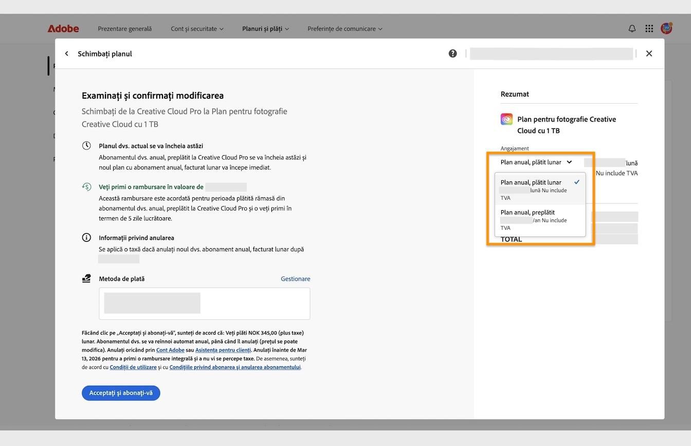 Fereastra Revizuiți și confirmați-vă modificarea, care afișează meniul derulant Angajament evidențiat, situat sub Rezumat.
