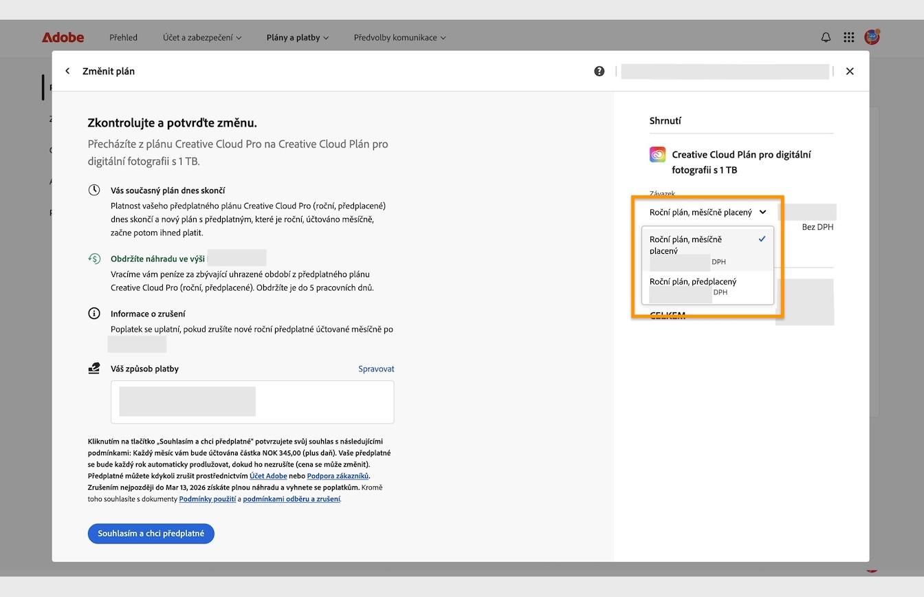 Okno Zkontrolovat a potvrdit změnu zobrazující zvýrazněnou rozbalovací nabídku Závazek umístěnou pod částí Souhrn.