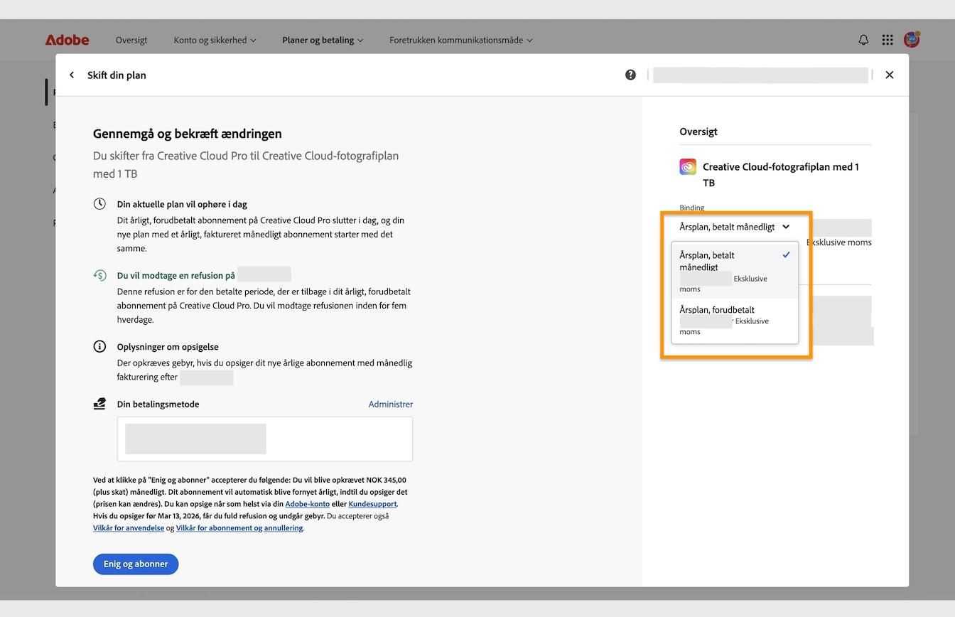Vinduet Gennemgå og bekræft din ændring, der viser den fremhævede rullemenu Forpligtelse, placeret under Oversigt.