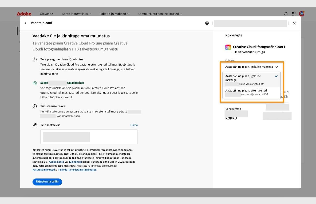 Aken Vaadake üle ja kinnitage oma muudatus, kus kuvatakse esiletõstetud rippmenüü Kohustus, mis asub jaotises Kokkuvõte.