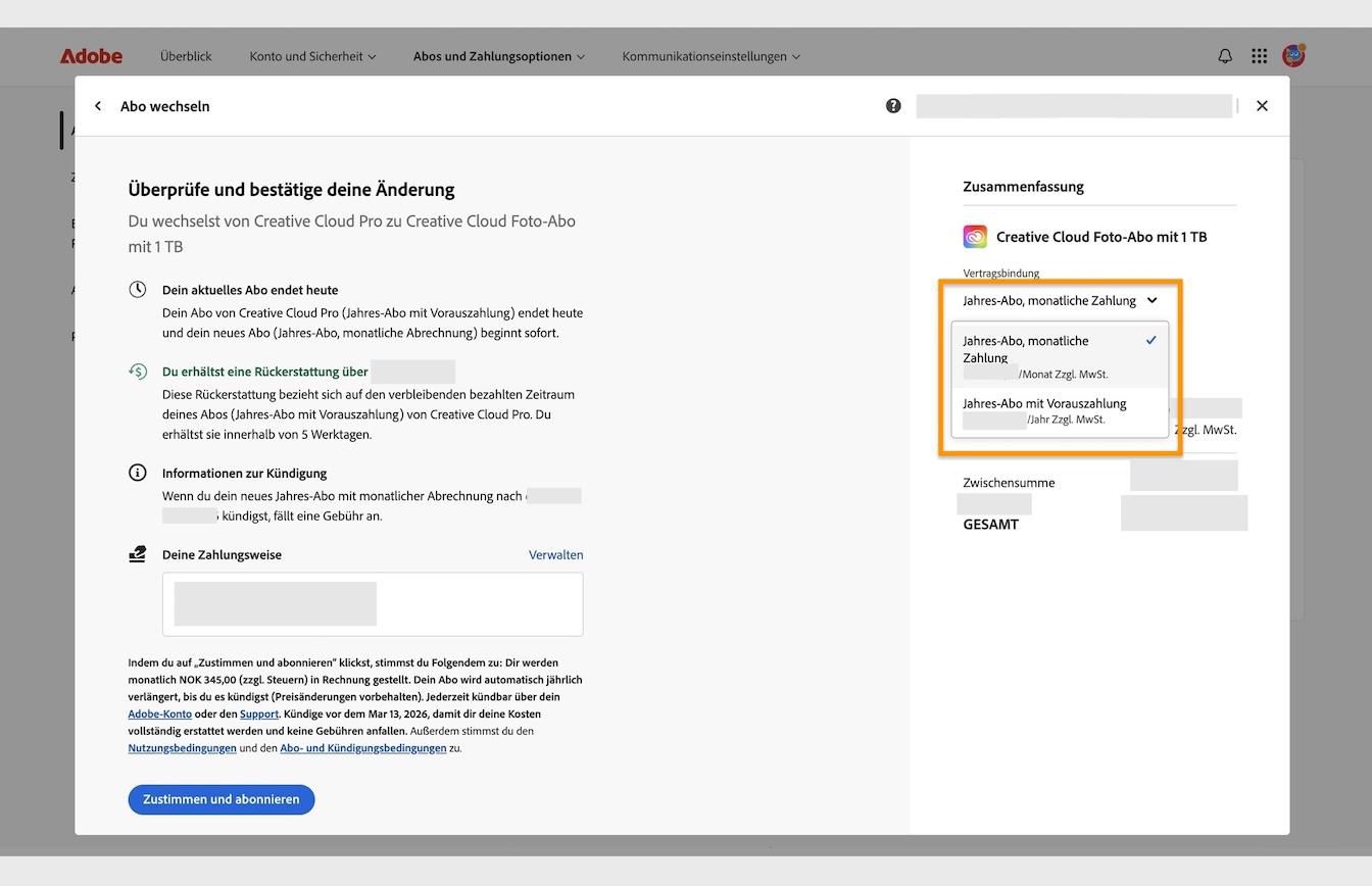 Das Fenster „Änderung prüfen und bestätigen“ zeigt das hervorgehobene Dropdown-Menü „Verpflichtung“ an, das sich unter „Zusammenfassung“ befindet.