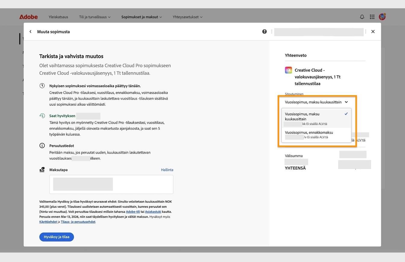 Tarkista ja vahvista muutos -ikkuna, jossa näkyy korostettu Sitoumus-avattava valikko Yhteenveto-osion alla.