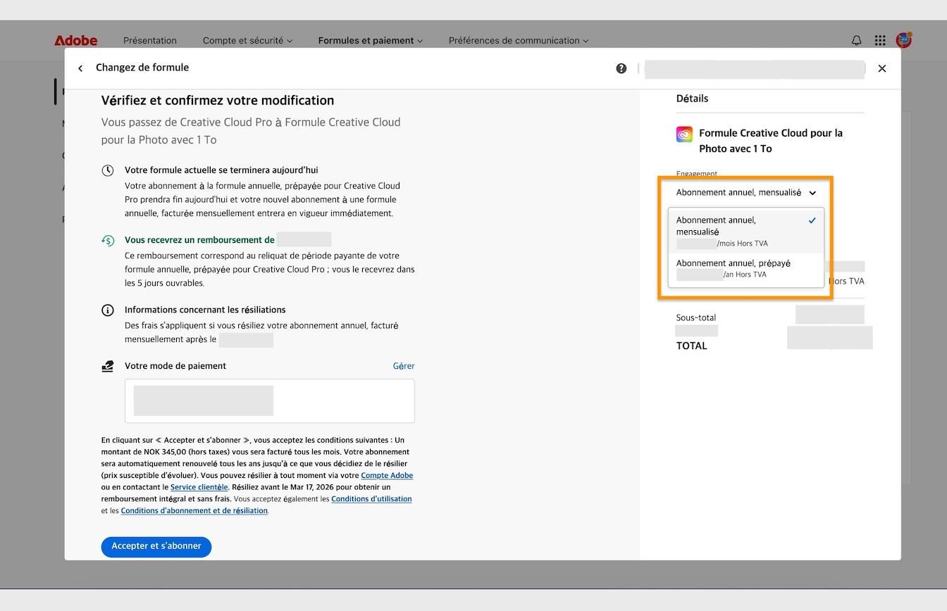La fenêtre Réviser et confirmer votre modification, affichant le menu déroulant Engagement mis en surbrillance, situé sous Résumé.