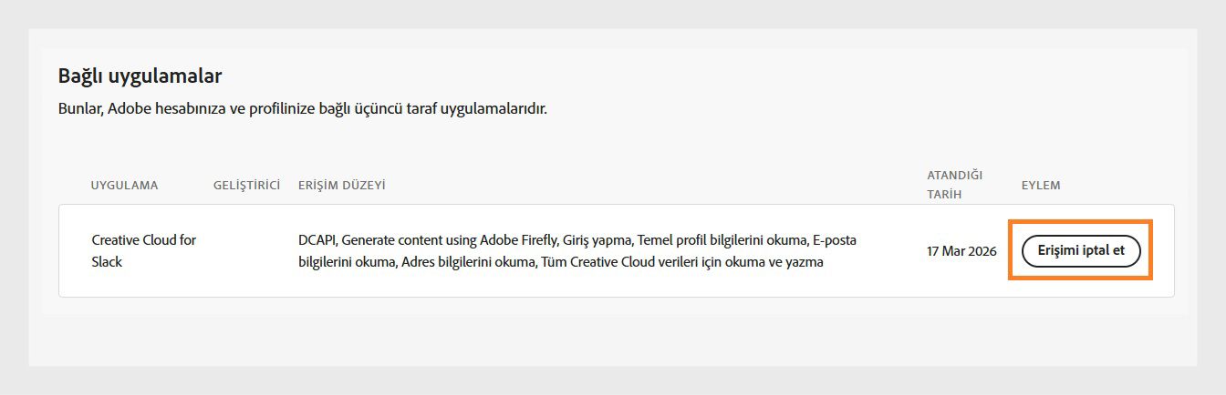 Bağlı uygulamalar bölümündeki Eylem sütununda bulunan Erişimi İptal et düğmesi, Adobe hesabınıza üçüncü taraf uygulama erişimini iptal etmenizi sağlar.