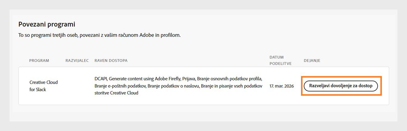 Gumb Prekliči dostop, ki je na voljo v stolpcu Dejanje v razdelku Povezani programi, vam omogoča preklicati dostop programov drugih ponudnikov do računa Adobe.