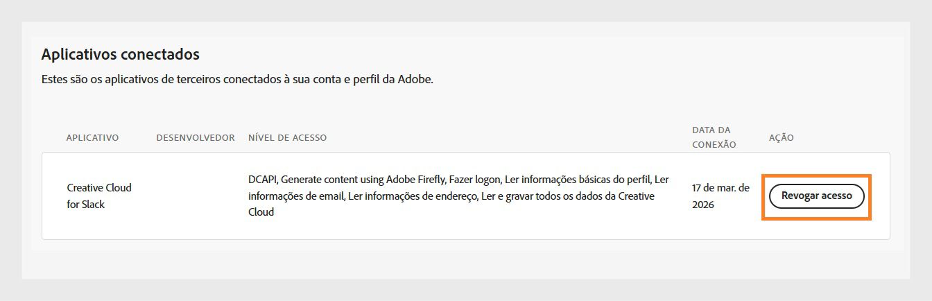 O botão Revogar acesso, disponível na coluna Ação na seção Aplicativos conectados, permite revogar o acesso de aplicativos de terceiros à sua conta Adobe.
