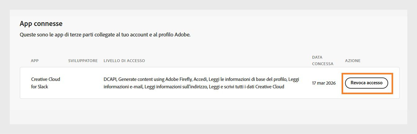 Il pulsante Revoca accesso, disponibile nella colonna Azione della sezione App connesse, ti consente di revocare l'accesso delle app di terze parti al tuo account Adobe.