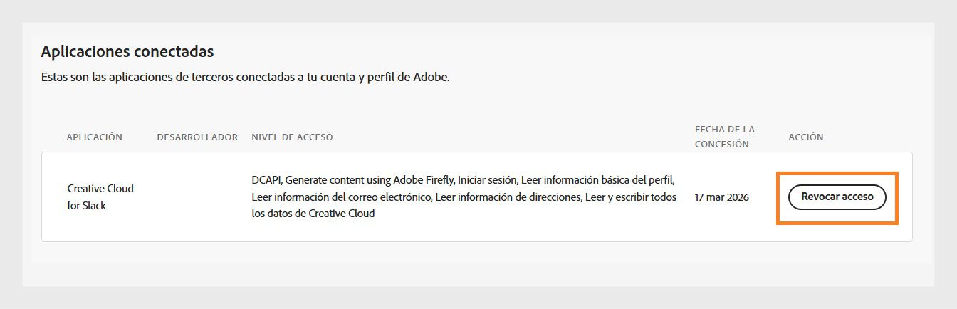 Con el botón Revocar acceso, disponible en la columna Acción de la sección Aplicaciones conectadas, se puede revocar el acceso de aplicaciones de terceros a su cuenta de Adobe.