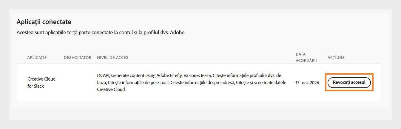 Butonul Revocați accesul, disponibil în coloana Acțiune din secțiunea Aplicații conectate, vă permite să revocați accesul aplicațiilor terțe la contul dvs. Adobe.
