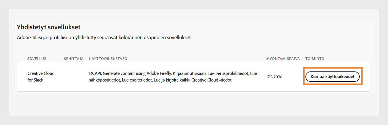 Peruuta käyttöoikeus -painike, joka on saatavilla Yhdistetyt sovellukset -osion Toiminto-sarakkeessa, mahdollistaa kolmannen osapuolen sovellusten käyttöoikeuden peruuttamisen Adobe-tililtäsi.