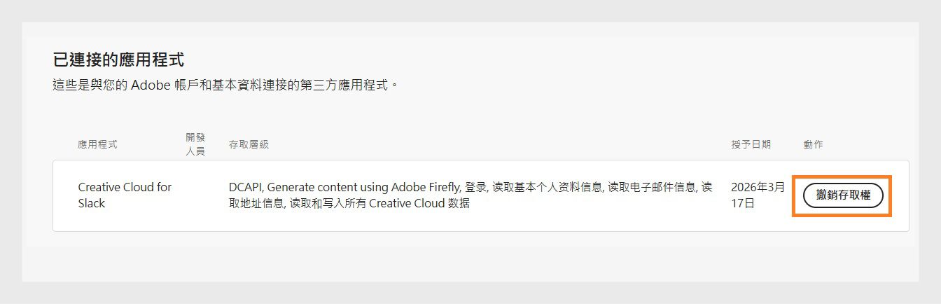 「撤銷存取權」按鈕位於「已連接的應用程式」區段的「動作」欄下方，可讓您撤銷第三方應用程式對 Adobe 帳戶的存取權。
