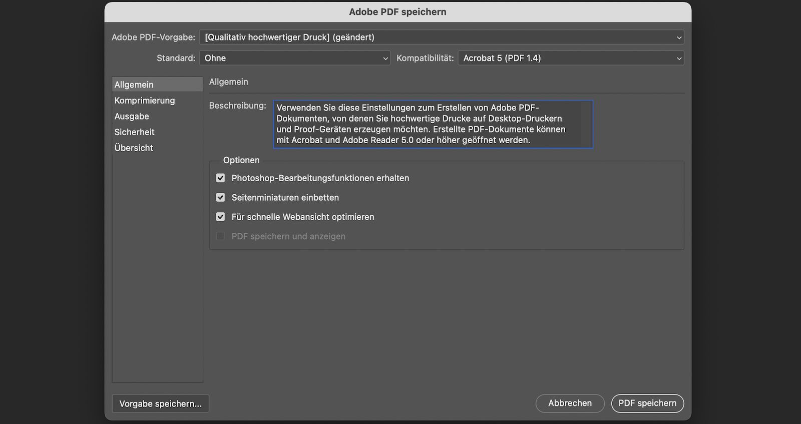Das Dialogfeld „Adobe PDF speichern“ ist geöffnet und zeigt allgemeine Einstellungen mit Optionen zum Erhalt der Bearbeitung, Einbetten von Miniaturansichten und zur Optimierung für Web.