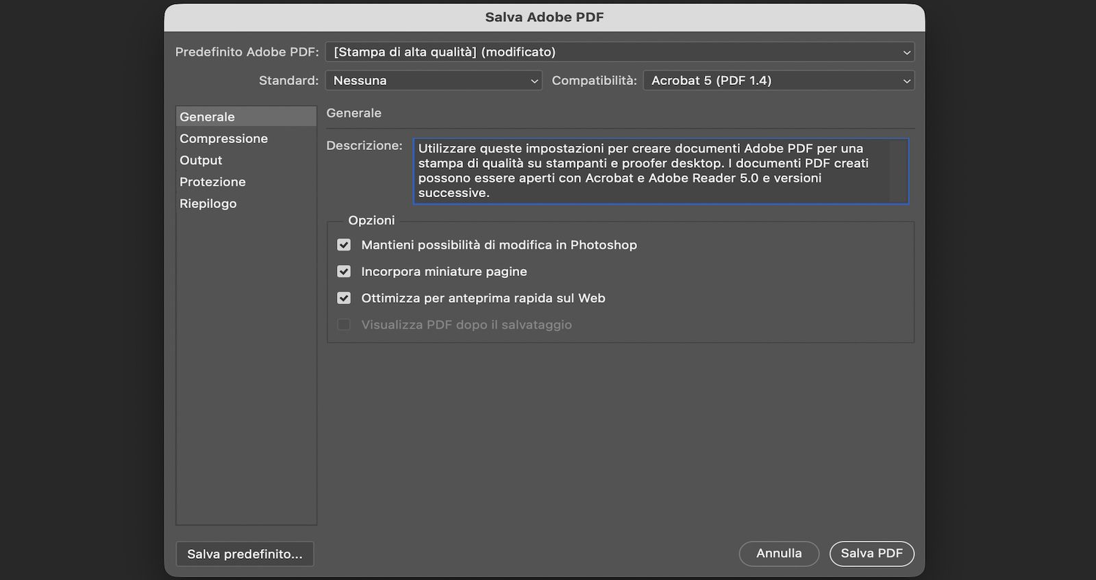 La finestra di dialogo Salva Adobe PDF è aperta, mostrando le impostazioni Generali con opzioni per preservare la modifica, incorporare miniature e ottimizzare per il web.