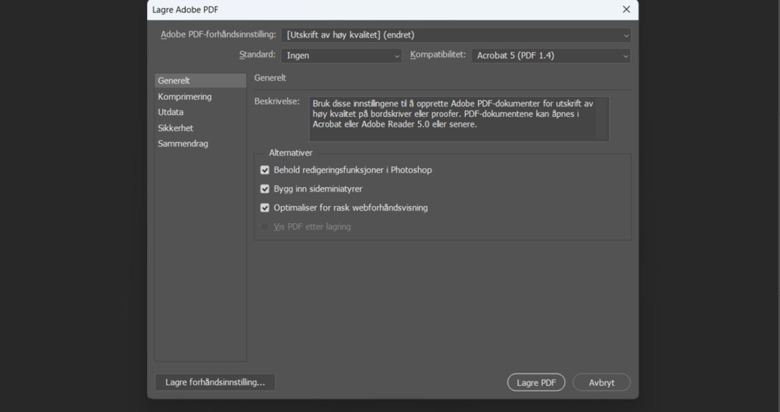 Dialogboksen Lagre Adobe PDF er åpen og viser generelle innstillinger med alternativer for å bevare redigering, bygge inn miniatyrbilder og optimalisere for web.