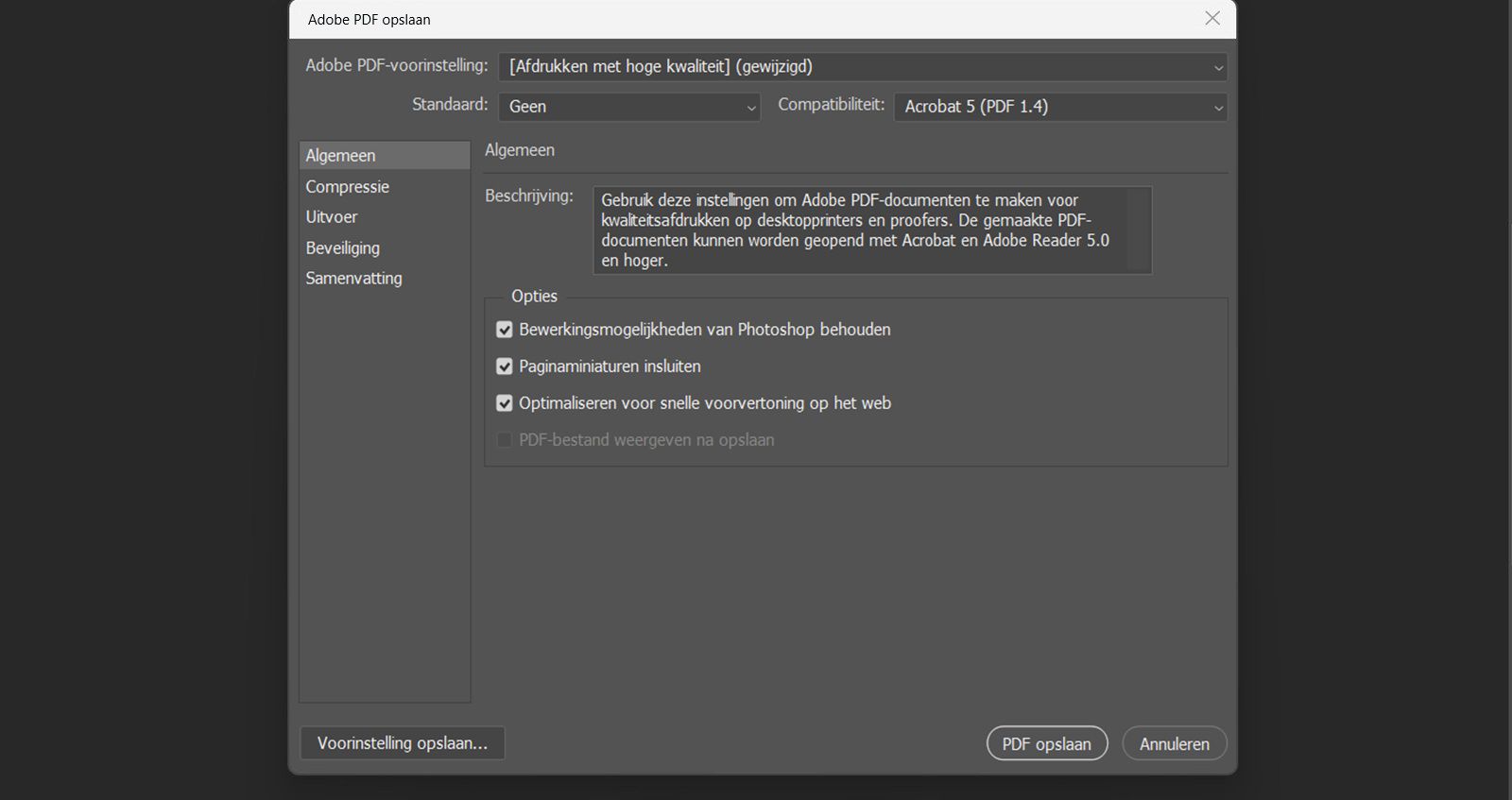 Het Save Adobe PDF-dialoogvenster is geopend en toont algemene instellingen met opties om bewerking te behouden, miniaturen in te sluiten en te optimaliseren voor web.