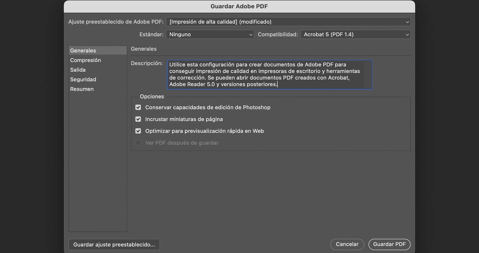 El cuadro de diálogo Guardar Adobe PDF está abierto, mostrando la configuración General con opciones para preservar la edición, incrustar miniaturas y optimizar para web.