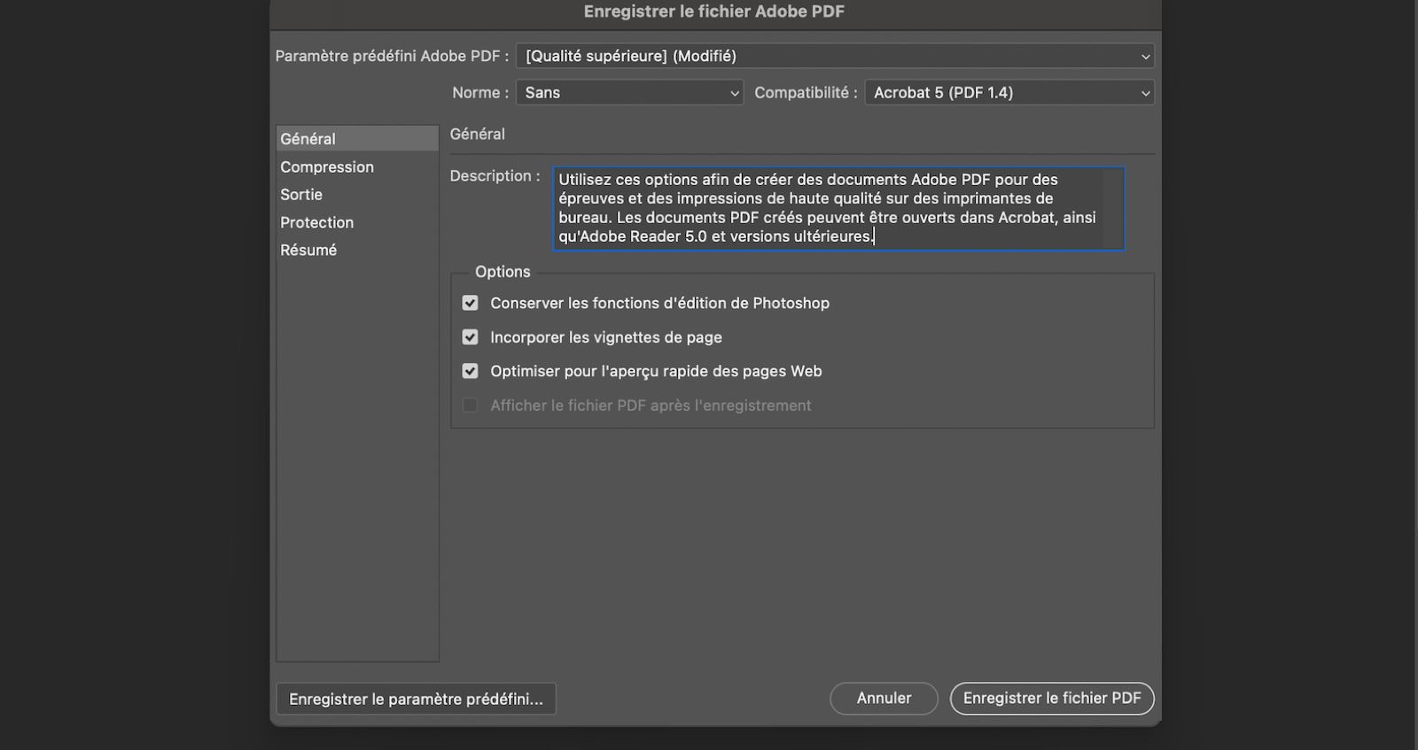 Boîte de dialogue Enregistrer le fichier Adobe PDF ouverte, affichant les paramètres Général avec des options permettant de préserver la modification, d’incorporer des miniatures et d’optimiser pour le Web.