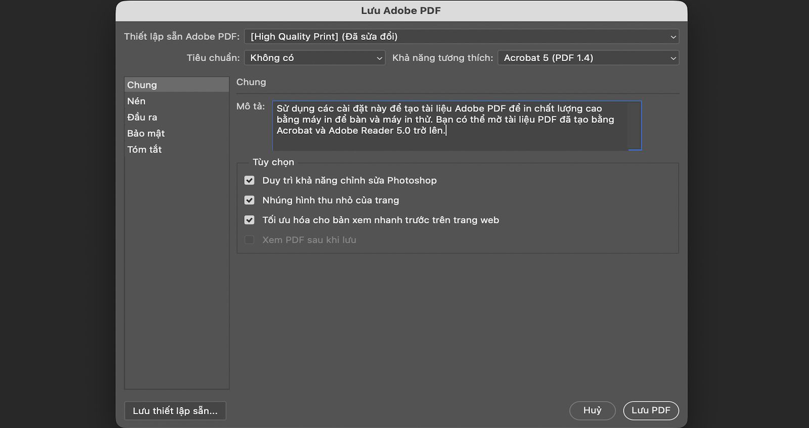 Hộp thoại Lưu Adobe PDF đang mở, hiển thị cài đặt Chung với các tùy chọn để giữ nguyên khả năng chỉnh sửa, nhúng hình thu nhỏ và tối ưu hóa cho trang web.