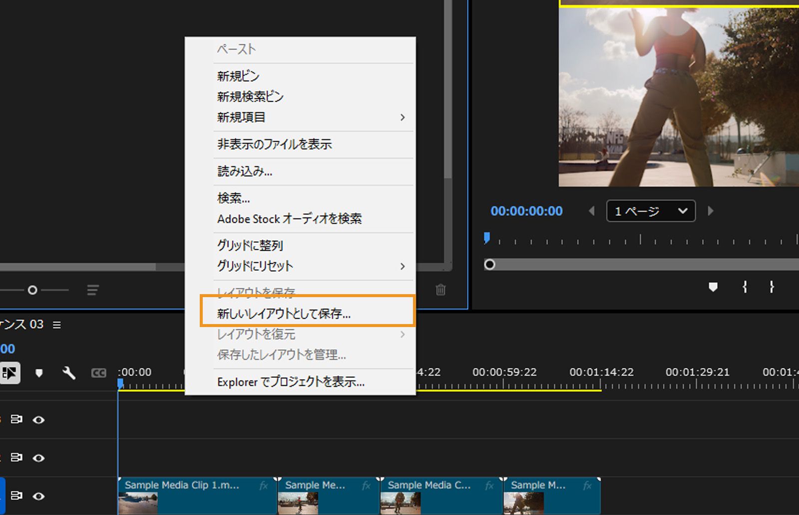 フリーフォームビューのコンテキストメニューで「新規レイアウトとして保存」オプションがハイライトされています。