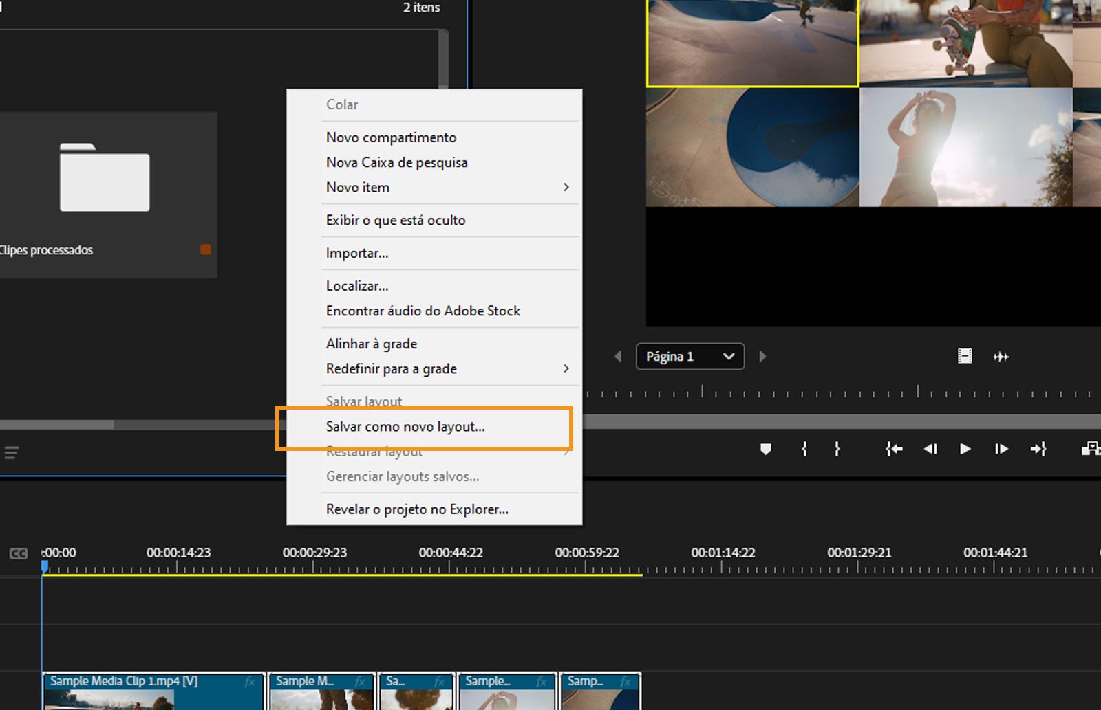 A opção Salvar como novo layout está destacada no menu de contexto da Visualização livre.