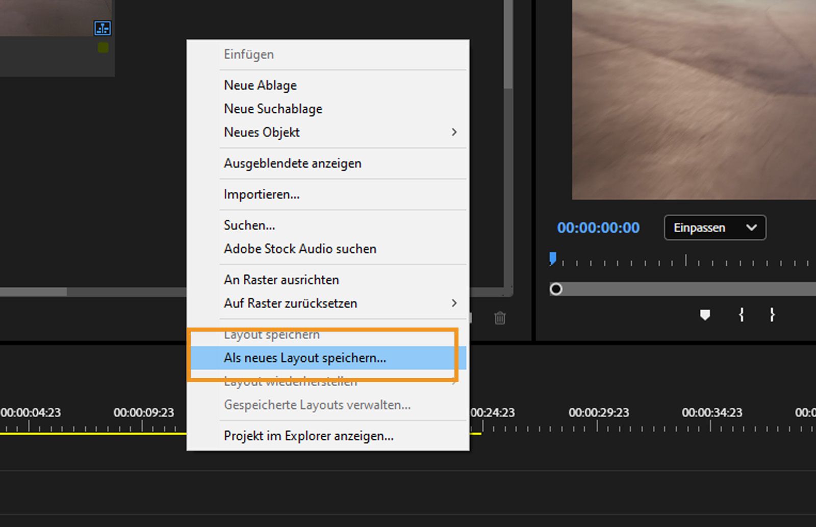 Die Option „Als neues Layout speichern“ ist im Kontextmenü der Freiformansicht hervorgehoben.