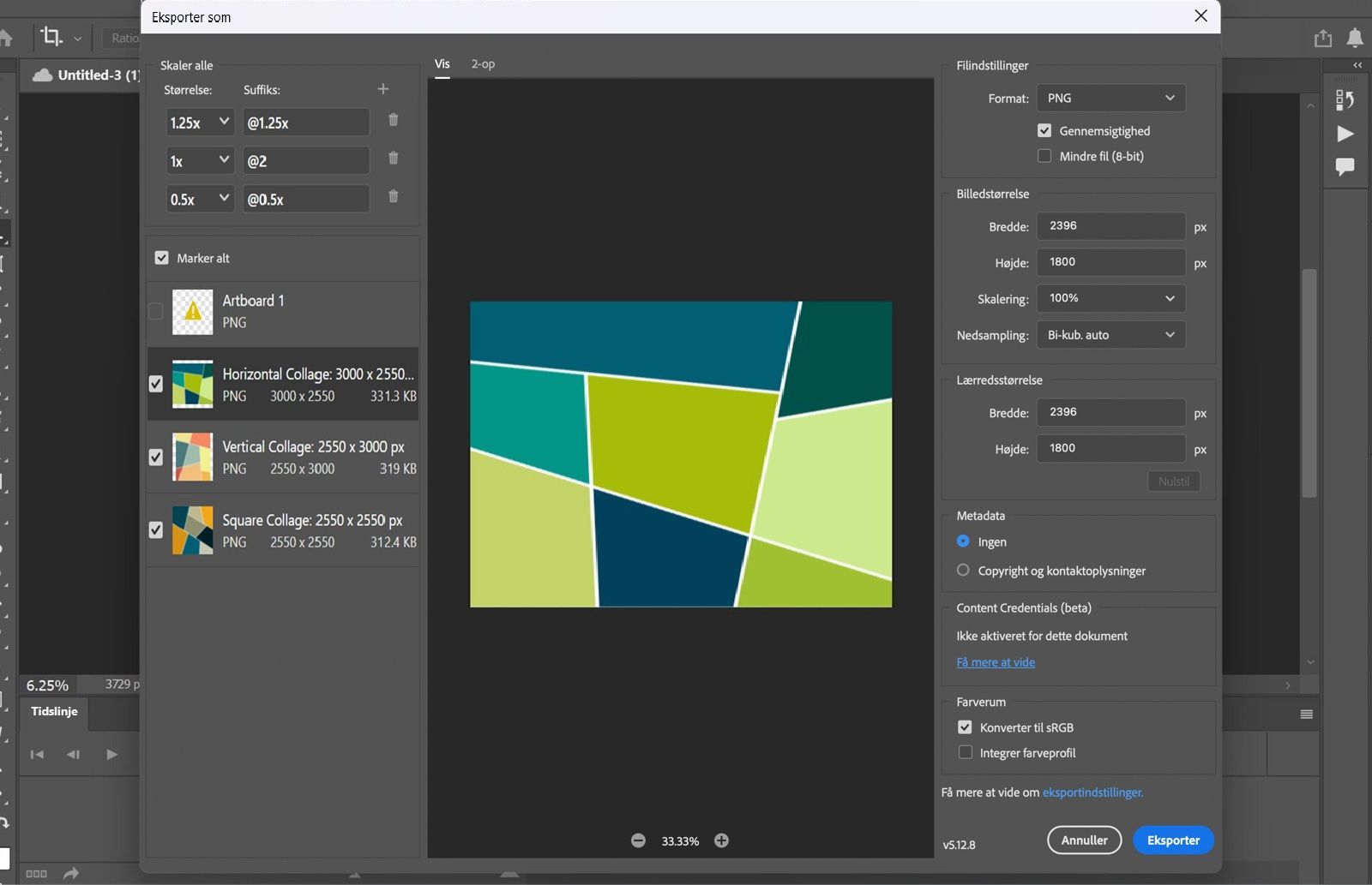 Gem som-dialogboks åben med indstillinger til at navngive filen, vælge placering, format og indstillinger for eksport.