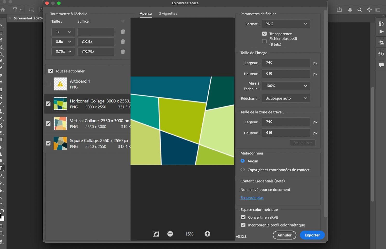 Boîte de dialogue Exporter sous ouverte avec des options pour nommer le fichier, choisir l’emplacement, le format et les paramètres pour l’exportation.