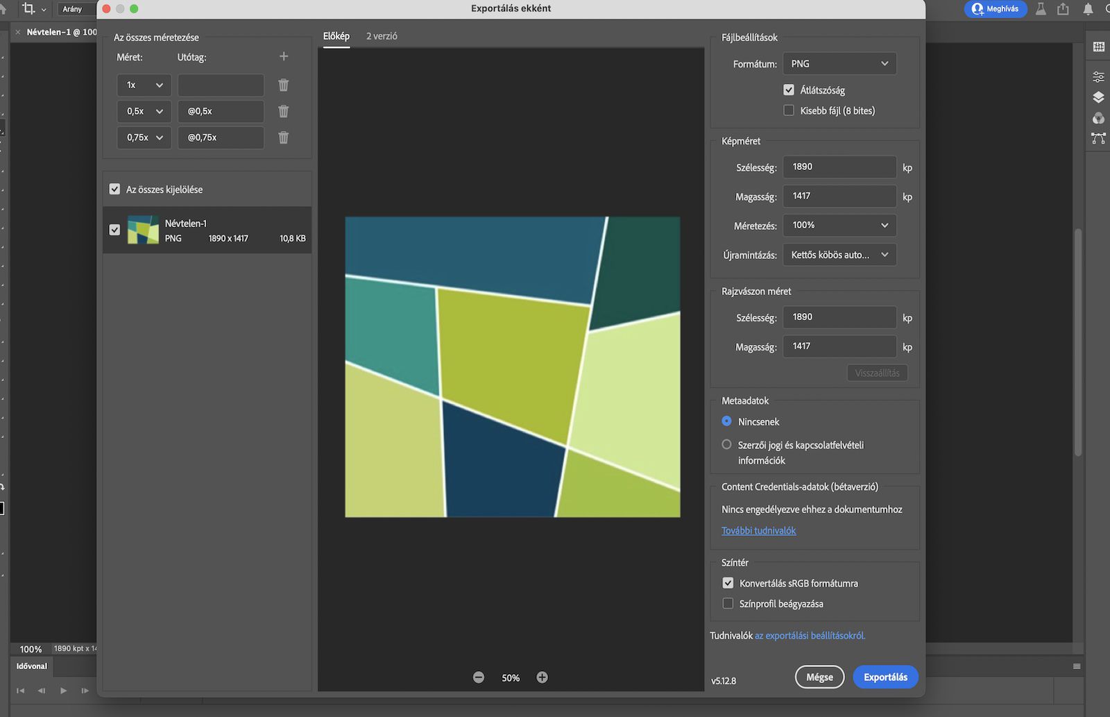 A Mentés másként párbeszédpanel megnyitva, amelyen a fájl elnevezésére, valamint az exportálás helyének, formátumának és beállításainak a megadására szolgáló beállítások láthatók.