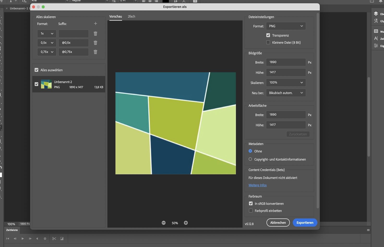 Geöffnetes Dialogfeld „Speichern unter&quot; mit Optionen zum Benennen der Datei, Auswählen des Speicherorts, Formats und der Einstellungen für den Export.