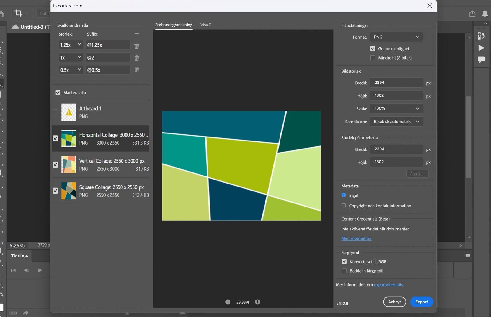 Dialogrutan Spara som öppen med alternativ för att namnge filen, välja plats, format och inställningar för export.