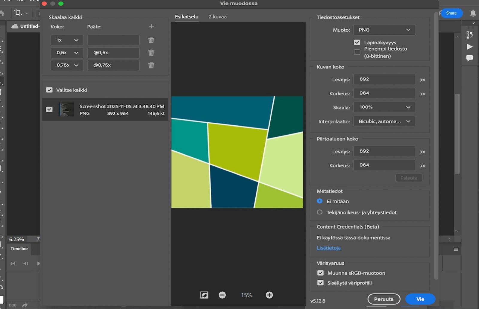 Avoin Tallenna nimellä -valintaikkuna, jossa näkyy vaihtoehdot tiedoston nimeämiseksi sekä sijainnin, tiedostomuodon ja vientiasetusten valitsemiseksi.