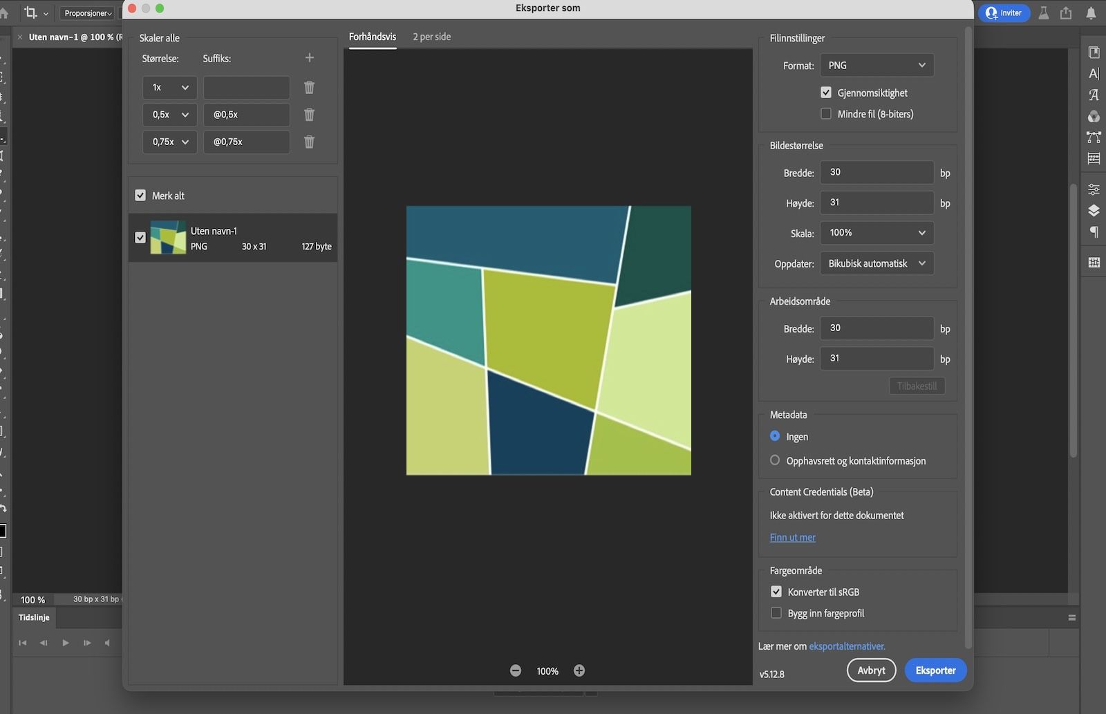 Lagre som-dialogboksen åpnes med options for å navngi filen, velge plassering, format og innstillinger for eksport.