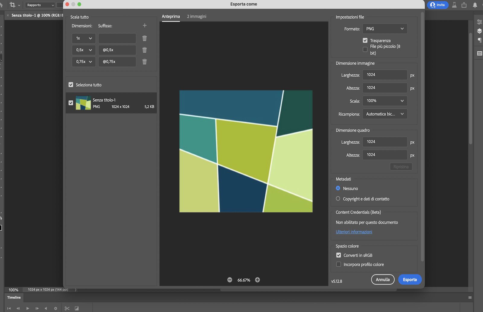 Finestra di dialogo Salva con nome aperta con options per nominare il file, scegliere la posizione, il formato e le impostazioni per l'esportazione.