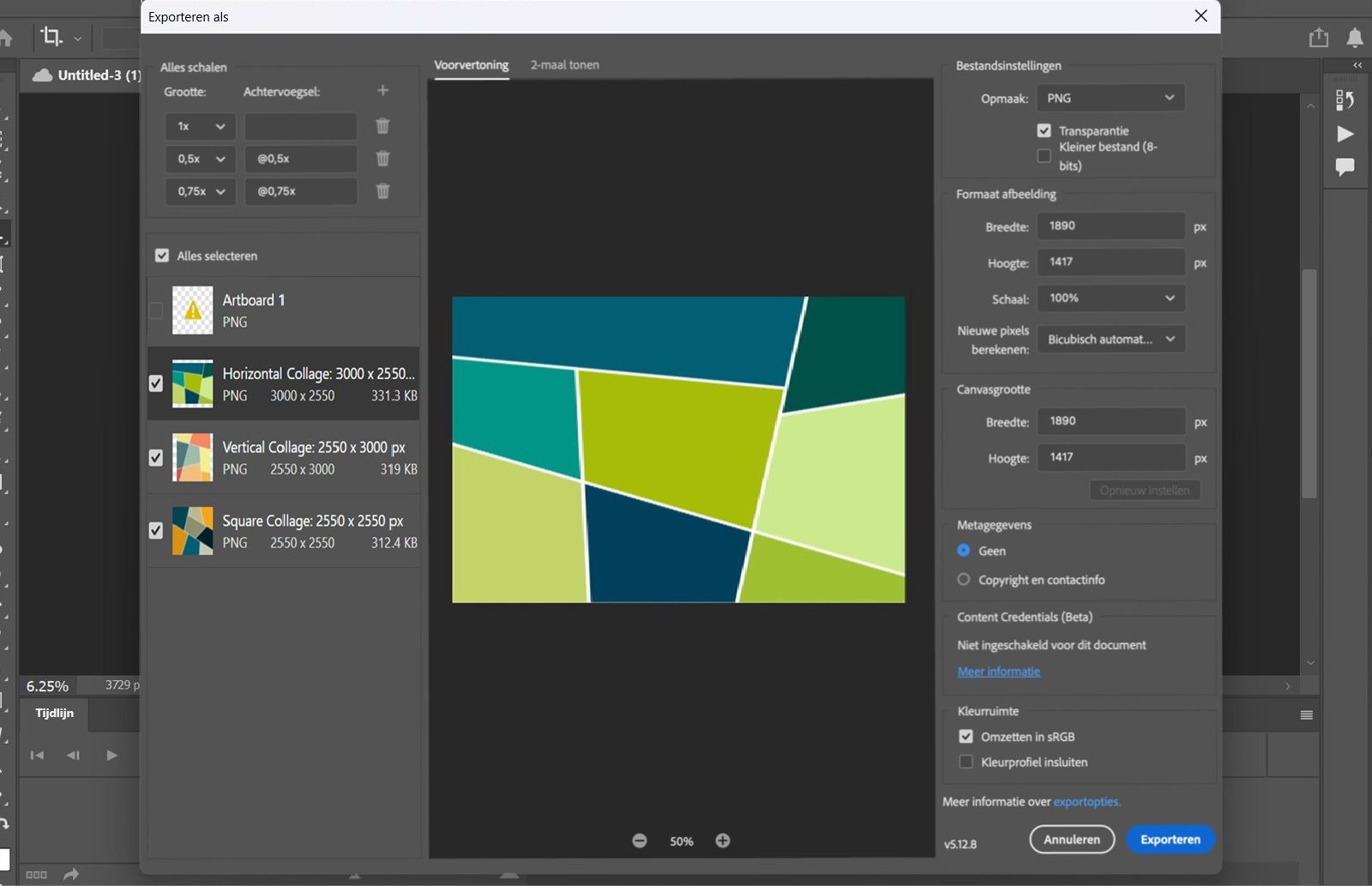 Dialoogvenster Opslaan als is geopend met options om de bestandsnaam te kiezen, locatie te bepalen, formaat en instellingen voor export.