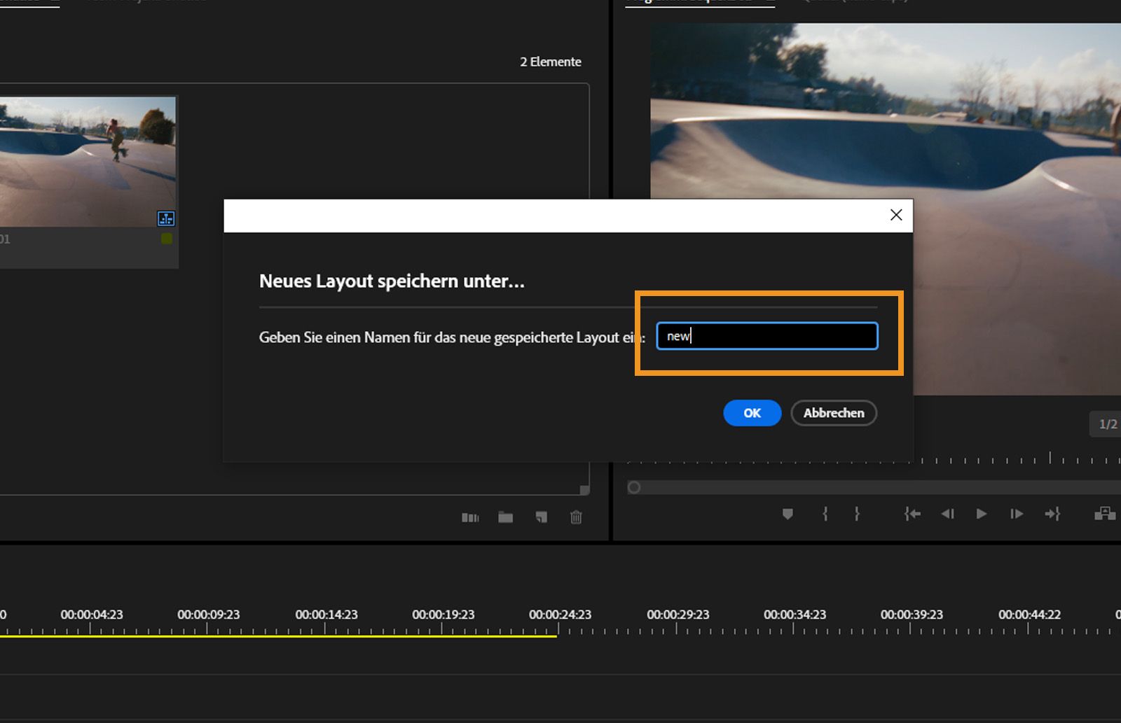 Das Dialogfeld „Neues Layout speichern unter“ zeigt den Namen „my-new-layout“ im Textfeld an.