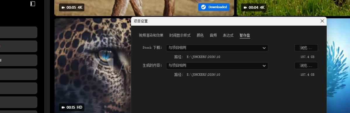 项目设置中的暂存磁盘选项卡显示为 Stock 下载设置的文件夹路径。