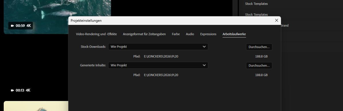 Auf der Registerkarte „Arbeitslaufwerke“ in den Projekteinstellungen wird der für den Download von Stock-Material festgelegte Ordnerpfad angezeigt.