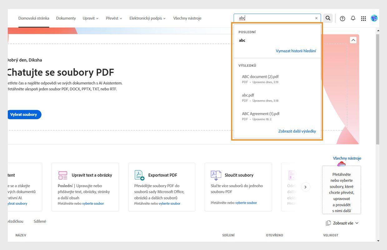 Nástroj Hledat zobrazí soubory související s hledaným výrazem.