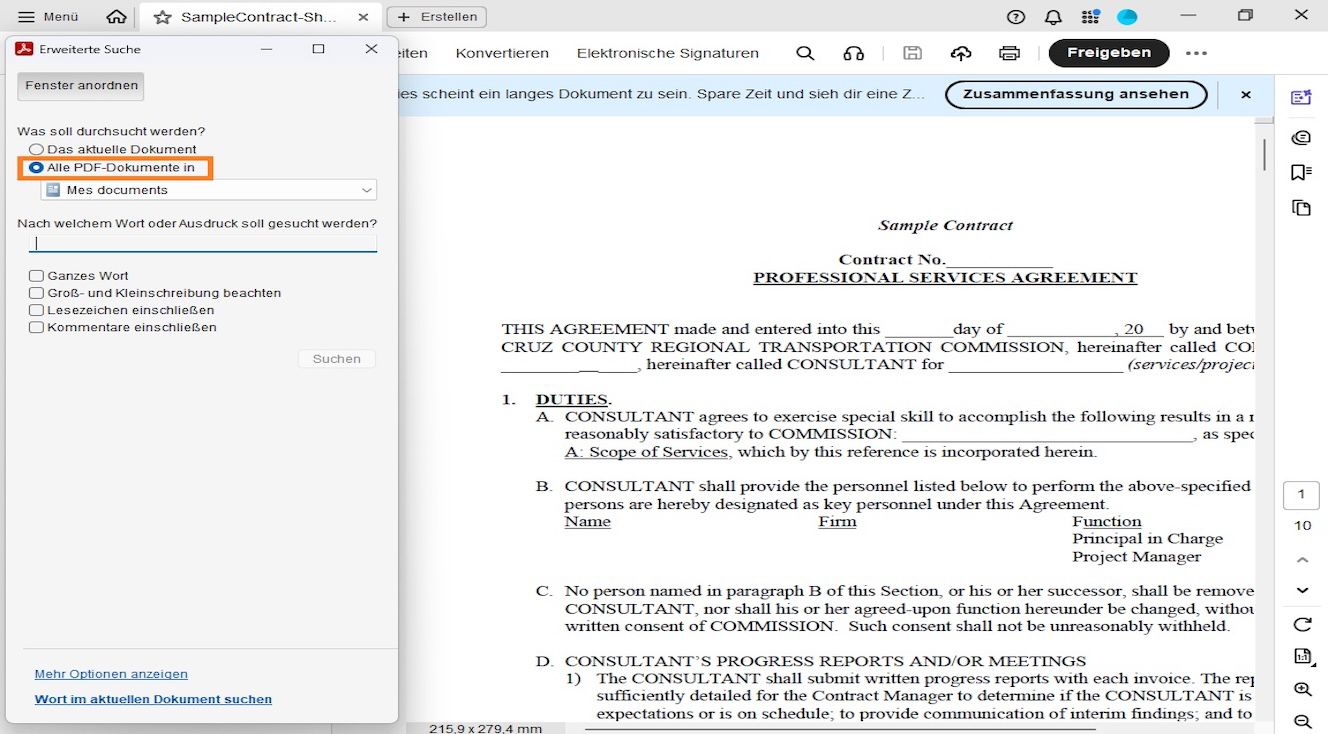 Das Suchfenster zeigt zwei Suchoptionen an: „Im aktuellen Dokument für die Suche innerhalb der geöffneten Datei“ und „Alle PDF-Dokumente in“, wodurch Benutzer einen bestimmten Ort für eine umfassendere Suche suchen und auswählen können.