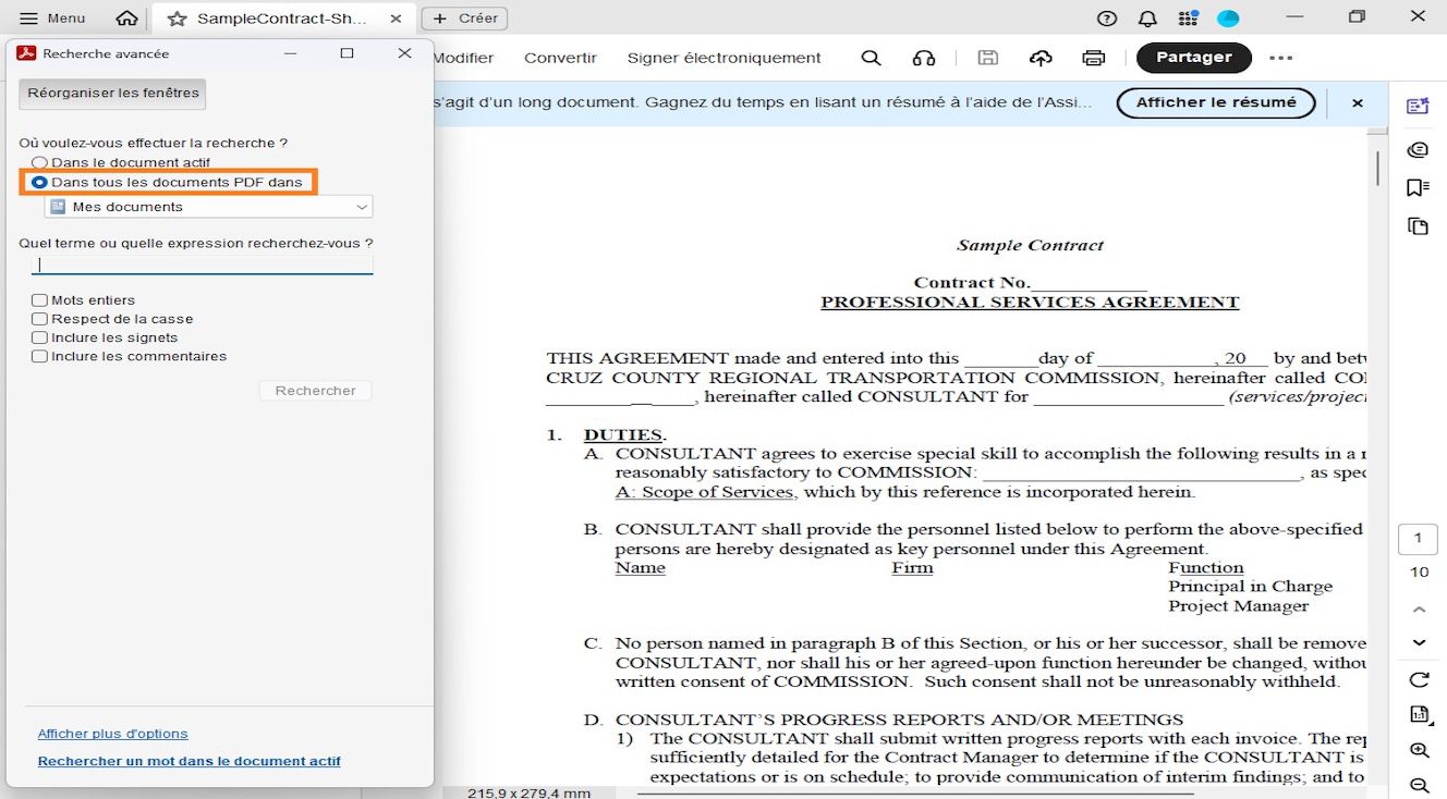 La fenêtre de recherche affiche deux options de recherche : Dans le document actuel pour rechercher dans le fichier ouvert et Tous les documents PDF dans, permettant aux utilisateurs de parcourir et de sélectionner un emplacement spécifique pour une recherche plus large.