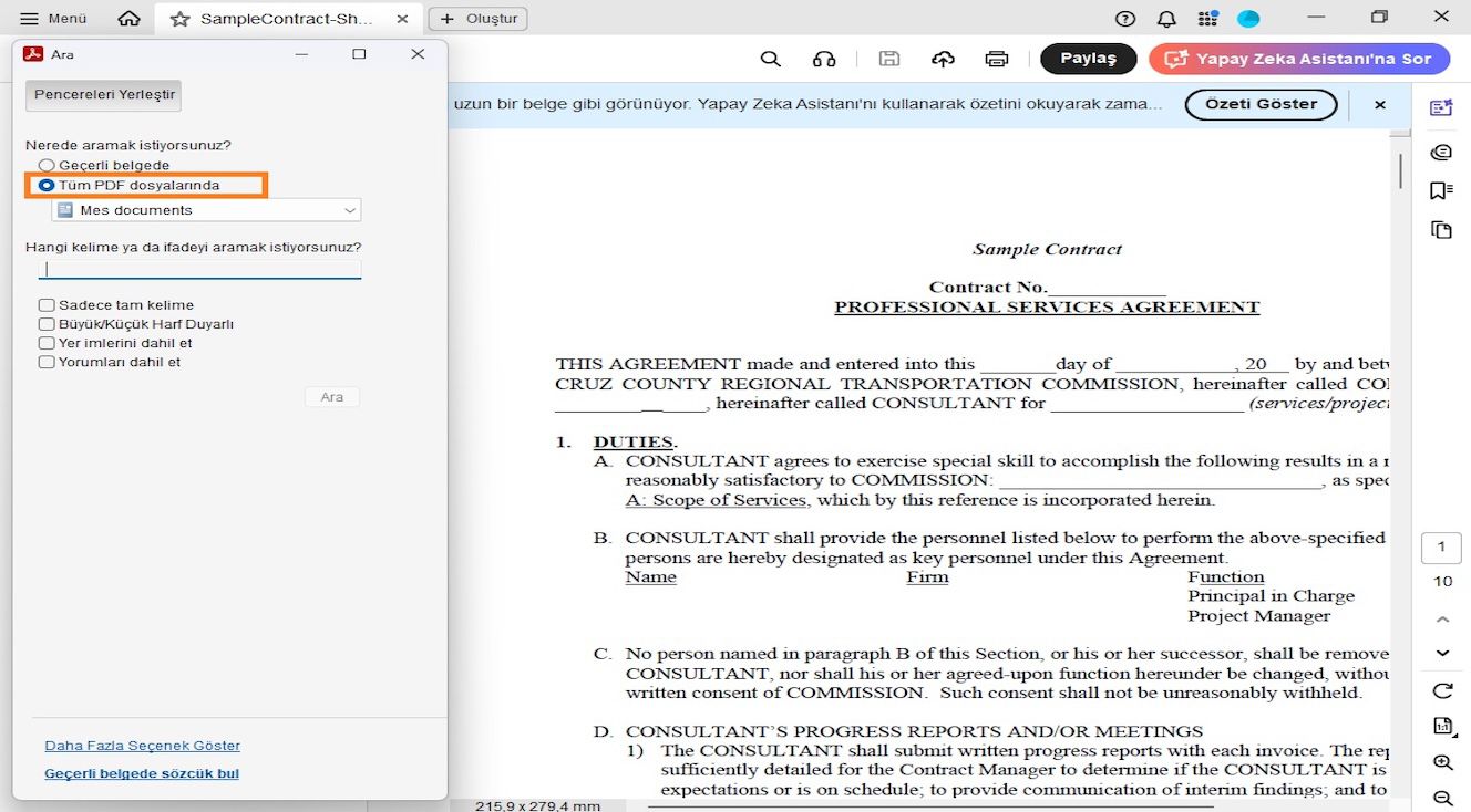 Arama penceresi iki arama seçeneği gösterir: Açık dosya içinde arama yapmak için geçerli belge ve daha geniş bir arama için kullanıcıların gezinmesine ve belirli bir konum seçmesine olanak tanıyan Tüm PDF Belgeleri.