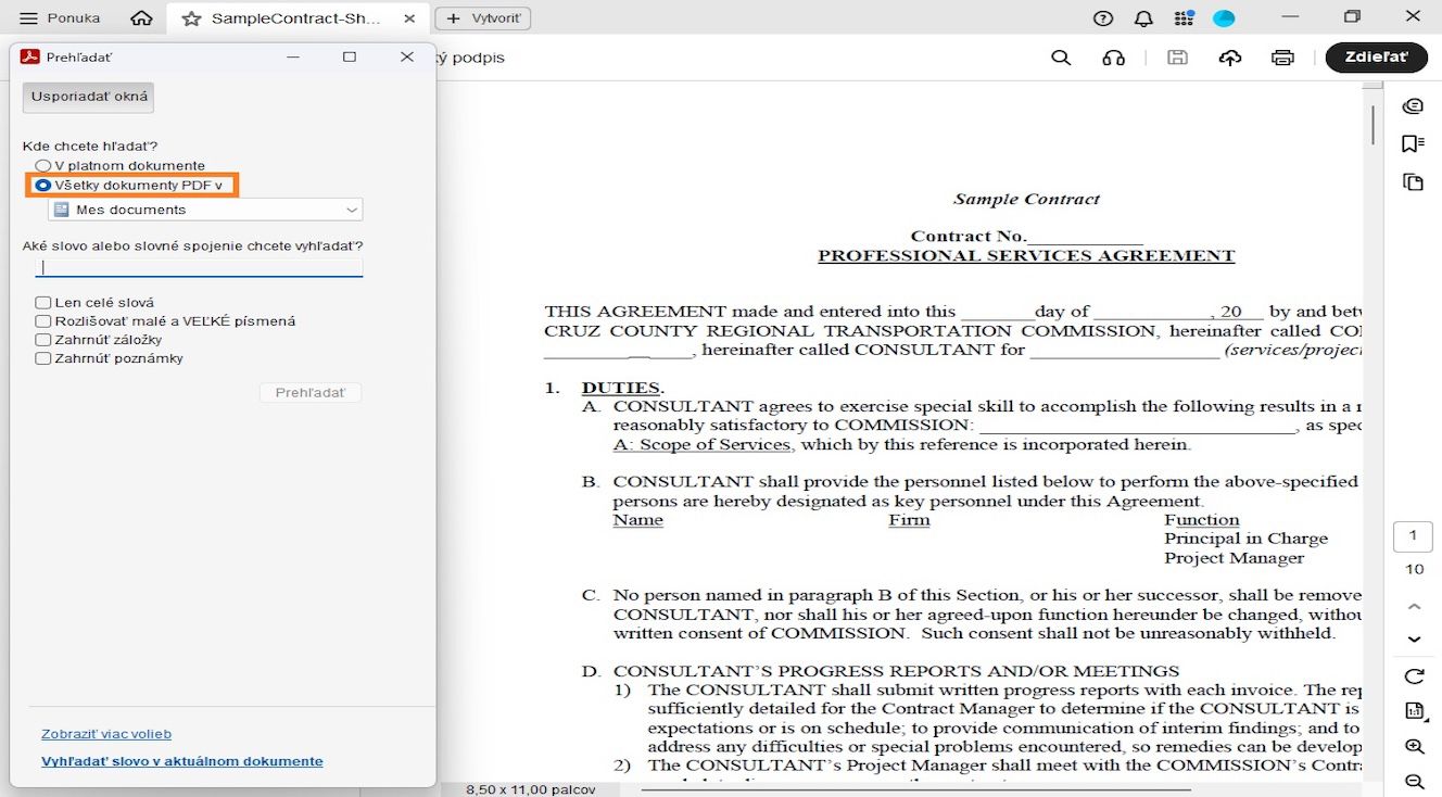 Okno vyhľadávania zobrazuje dve možnosti vyhľadávania: V aktuálnom dokumente pre vyhľadávanie v otvorenom súbore a Všetky dokumenty PDF v, ktoré umožňujú používateľom prehliadať a vybrať konkrétne umiestnenie pre širšie vyhľadávanie.