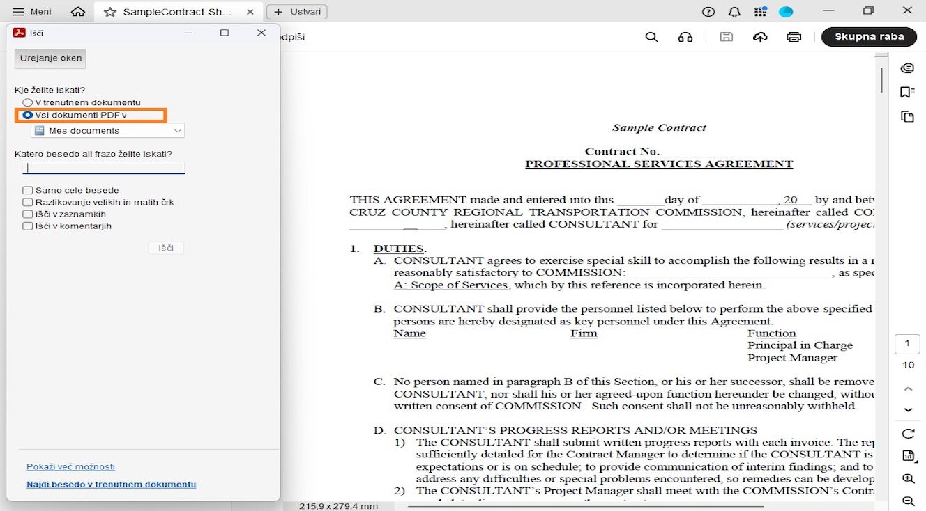 Okno za iskanje prikazuje dve možnosti iskanja: v trenutnem dokumentu za iskanje znotraj odprte datoteke in Vsi dokumenti PDF v, kar uporabnikom omogoča brskanje in izbiro določene lokacije za širše iskanje.