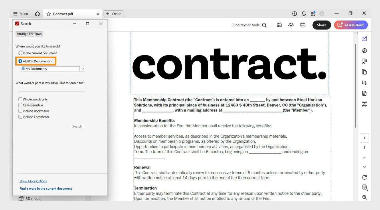 חלון החיפוש מציג שתי אפשרויות חיפוש: In the current document לחיפוש בקובץ הפתוח ו-All PDF Documents, המאפשרת למשתמשים לעיין ולבחור מיקום ספציפי לחיפוש רחב יותר.
