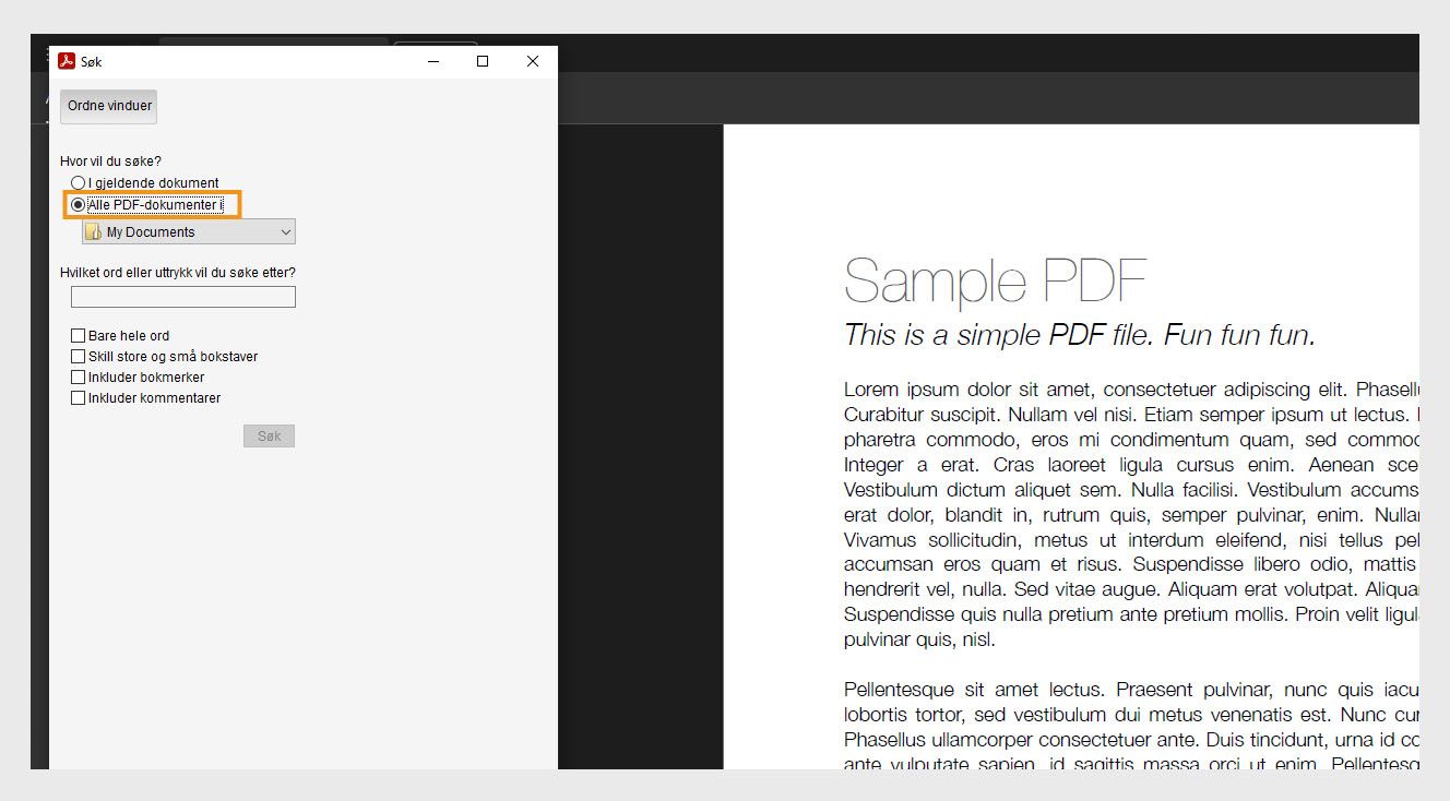 Søkevinduet viser to søkealternativer: I gjeldende dokument for søk i den åpne filen og Alle PDF-dokumenter i, som lar brukere bla gjennom og velge en bestemt plassering for et bredere søk.