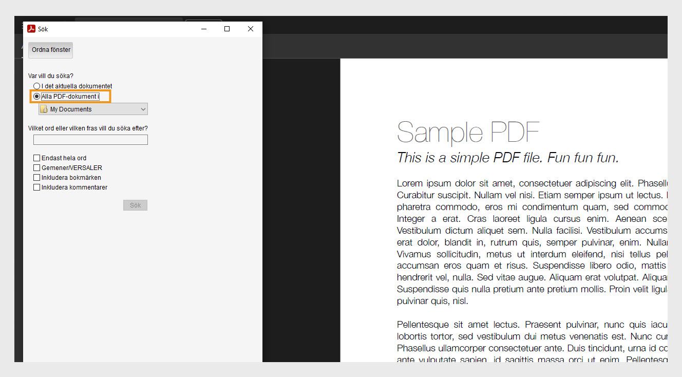 Sökfönstret visar två sökalternativ: I det aktuella dokumentet för sökning inom den öppna filen och Alla PDF-dokument i, vilket låter användare bläddra och välja en specifik plats för en bredare sökning.
