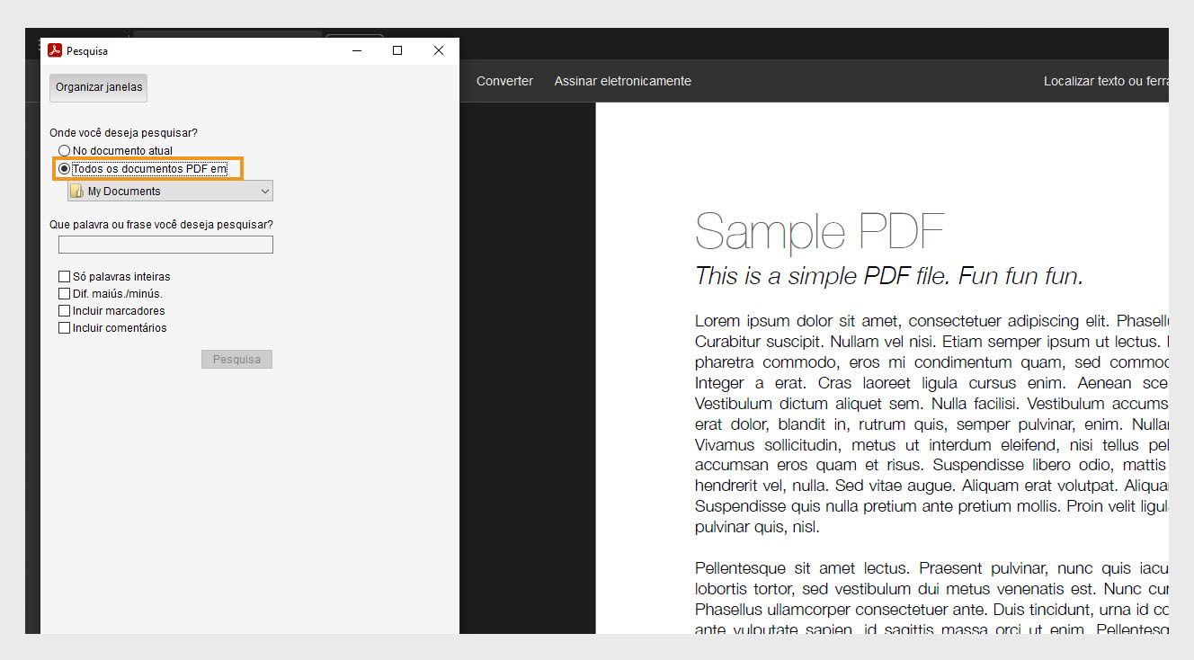 A janela de Pesquisa exibe duas opções de busca: No documento atual para pesquisar dentro do arquivo aberto e Todos os documentos PDF em, permitindo que os usuários explorem e selecionem um local específico para uma pesquisa mais ampla.